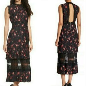 Floral Pleated Lace Insert Midi Dress